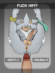 anklet anthro anus ass athletic balls big_penis bodily_fluids chest_tuft clothed clothing clothing_around_one_leg decision_making duo erection eulipotyphlan genital_fluids genitals hedgehog humanoid_genitalia humanoid_penis imminent_sex jewelry leaking_precum legs_up lying male male/male mammal offscreen_character on_back partially_clothed peelin_the_orange peelintheorange penis precum presenting presenting_anus sega silver_the_hedgehog smile smirk solo_focus sonic_(series) sonic_the_hedgehog_(series) spread_legs spreading text tuft underwear underwear_around_one_leg underwear_down yellow_eyes