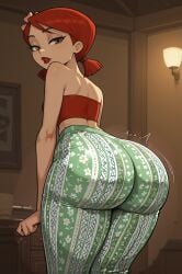 ai_female ai_generated ass ass_focus bandeau bare_shoulders breasts brown_eyes female flower forbidden_pants from_behind green_pants hair_flower hair_ornament huge_ass indoors lamp lipstick looking_at_viewer looking_back low_twintails makeup pants red_hair red_lips short_hair short_twintails solo strapless thick_thighs tight_clothes tight_pants total_drama:_revenge_of_the_island total_drama_island tube_top twintails wide_hips zoey_(tdi)