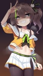 absurdres ahoge black_pantyhose blue_eyes breasts brown_hair closed_mouth condom feibai female heart heart-shaped_pupils highres holding holding_condom hololive looking_at_viewer medium_hair natsuiro_matsuri natsuiro_matsuri_(1st_costume) one_side_up pantyhose shirt skirt small_breasts smile solo symbol-shaped_pupils teeth upper_teeth_only virtual_youtuber white_skirt yellow_shirt
