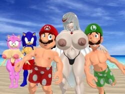 2girls 3boys 3d amy_rose anthro beach big_breasts bikini bikini_bottom black_bikini blue_fur boxers breasts clothing crossover enormous_breasts eyelashes female fit fit_female fit_male gigantic_breasts green_boxers green_hat hands_on_shoulders hat huge_breasts large_breasts light-skinned_male light_skin long_hair looking_at_breasts luigi male male/female male_nipples mammal mario mario_(series) massive_breasts mature mature_female mature_male moustache nintendo nipples open_mouth outdoors pink_fur red_bikini red_bikini_bottom red_boxers red_hat sega sonic_(series) sonic_the_hedgehog sonic_the_hedgehog_(series) topless voluptuous voluptuous_female yellowpearl64_(artist)