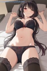 1girl 1girls ai_generated bare_shoulders bed bed_sheet black_bra black_hair black_panties black_thighhighs blush bow bow_panties bra breasts cleavage clenched_teeth clock_eyes commentary_request date_a_live female female_focus female_only head_on_pillow heterochromia indoors lace-trimmed_bra lace_trim large_breasts lingerie long_hair looking_at_viewer low_twintails lying medium_breasts navel on_back on_bed panties parted_lips pillow pillow_grab red_eyes solo stomach straight sweat teeth thighhighs thighs tokisaki_kurumi twintails underwear underwear_only yellow_eyes zelanell