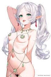 :p arm_behind_head belly_chain blush body_jewelry breasts commentary_request earrings elf female floating_earring fortune_bikini frieren gem green_eyes green_gemstone grey_hair heart_maebari highres jewelry long_hair looking_at_viewer machi_(7769) machi_(machi0910) maebari naked_jewelry navel necklace paid_reward_available parted_bangs pasties patreon_username petite pointy_ears short_eyebrows small_breasts solo sousou_no_frieren stomach tongue tongue_out twintails venus_bikini white_background white_hair