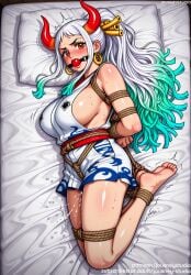 ai_generated aqua_hair arms_behind_back arms_up ball_gag ball_gag bangs bare_legs bare_shoulders barefoot bed bed_sheet bit_gag blush bondage bondage bondage bound bound_arms bound_legs bound_wrists breasts clothing covered_nipples dress earrings feet female female female_only gag gagged green_hair hair_ornament hair_stick high_ponytail hoop_earrings horns improvised_gag japanese_clothes jewelry jousneystudio kimono large_breasts long_hair looking_at_viewer lying multicolored_hair multicolored_horns nipples on_back on_bed on_side one_piece oni pillow ponytail pussy_juice red_eyes red_horns red_rope restrained robe rope rope_bondage shibari_over_clothes short_kimono sideboob sidelocks sleeveless sleeveless_kimono soles solo sweat thighs toes traditional_clothes trembling very_long_hair wafuku wano_country white_hair yamato yamato_(one_piece) yellow_horns