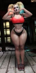 1girls 3d 3d_(artwork) batman_(series) black_lipstick blender_(software) blonde_hair blue_hair bra cleavage clown_girl clown_makeup curvy dc dc_comics english_text harley_quinn large_breasts light-skinned_female light_skin lipstick looking_at_viewer makeup multicolored_hair panties red_hair smitty34 solo standing tagme text thick_thighs tiptoes twintails voluptuous voluptuous_female wide_hips