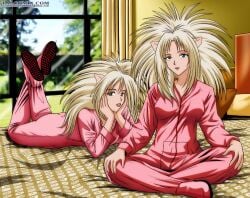 2girls android annapuma bed blonde_hair breasts cat_girl cleavage curvaceous dominion_tank_police duo female large_breasts light-skinned_female light_skin long_hair looking_at_viewer multiple_girls pajamas palcomix pants sisters sleepover twins unipuma