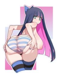 absurdres aqua_eyes bikini black_thighhighs blue_bow blue_eyes blue_thighhighs bow breasts censored closed_mouth colored_inner_hair commentary female fingernails hairbow highres huge_breasts korean_commentary long_hair looking_at_viewer mosaic_censoring multicolored_hair nail_polish nipples panties panty_&_stocking_with_garterbelt pink_hair purple_hair purple_nails rehu_(astd5787) solo stocking_(psg) striped_bikini striped_clothes striped_panties striped_thighhighs swimsuit thighhighs thighs two-tone_hair underwear white_background white_bikini