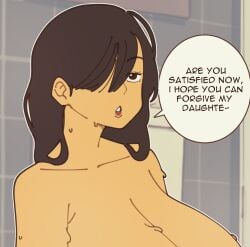 1girl 1girls 2d 2d_(artwork) apologizing apology background breasts breasts_bigger_than_head brown_hair color detailed_background english english_text female female_focus female_only hair_over_one_eye large_breasts mature_female mayu_naisu milf mother oc older_female original original_character ponytail sweat sweaty_body sweaty_breasts text text_bubble textless textless_version wet wet_body wet_hair