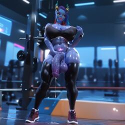 1futa 3d ai_generated big_balls big_breasts big_lips big_penis black_sclera breasts busty curvy demon futanari gym horns intersex navel precum quantrup solo solo_futa