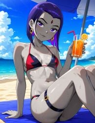 2025 ai_generated beach beach_towel beach_umbrella belly black_eyebrows black_legwear cartoon_network dc dc_comics dc_super_hero_girls dcau deviantart elryusam forehead_jewel golden_earrings grey_body grey_lipstick grey_skin holding_cup holding_drink jewel_on_forehead meta not_porn pink_cheeks purple_eyes purple_hair_female raven_(teen_titans) red_and_black_bikini sitting_on_towel teen_titans tummy wet_bikini wet_body wet_skin