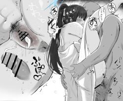 1boy absurdres after_sex after_vaginal anus bald bar_censor blue_archive blue_halo censored clothed_female_nude_male cum cum_in_pussy dress female female_pubic_hair halo highres izumo_eoekaki long_hair male monochrome nude official_alternate_costume penis ponytail pubic_hair saori_(blue_archive) saori_(dress)_(blue_archive) sex standing standing_on_one_leg standing_sex straight vaginal_penetration white_dress