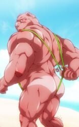 animestyle anthro ass bara beach buff furry green_mankini holding_mankini lime_mankini mankini mankini_ass_view pig pulling_mankini sand sexy water