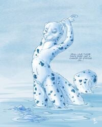 2025 anthro clothing discarded_clothing female flinters fluffy fluffy_tail fur genitals half-closed_eyes hi_res long_tail mammal markings mink mustelid musteline narrowed_eyes navel partially_submerged pussy solo spots spotted_body spotted_fur tail true_musteline