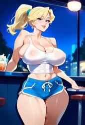 1girls 2d ai_generated betty_and_veronica betty_cooper big_breasts blonde_hair drink female female_focus female_only indoors night ponytail shorts solo solo_female solo_focus tagme tank_top