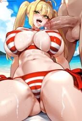 1boy 1girls after_fellatio ai_generated beach big_breasts blonde_hair breasts cum cum_in_mouth fate/grand_order fate_(series) female female_focus green_eyes hips huge_breasts huge_cock large_breasts light-skinned_female male navel nero_claudius_(fate) nero_claudius_(swimsuit_caster) open_mouth thick_thighs thighs tongue_out twintails wide_hips