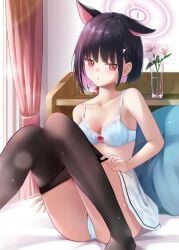 1girls animal_ears bare_arms bare_shoulders black_hair black_pantyhose blue_archive blunt_bangs blunt_ends blush bob_cut bra breasts c.u.wa cameltoe cat_ears clothes_pull collarbone colored_inner_animal_ears colored_inner_hair commentary day dressing feet_out_of_frame female flower hair_behind_ear hair_ornament hairclip halo highres indoors kazusa_(blue_archive) looking_at_viewer lying medium_breasts miniskirt multi_ear multicolored_hair no_shoes on_back open_mouth panties pantyhose pantyhose_pull pink_flower pink_hair pink_halo pleated_skirt red_eyes sidelighting skindentation skirt solo sunlight thighs tsurime two-tone_hair underwear white_bra white_panties white_skirt