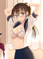 1girls adjusting_hair arms_up artist_name backlighting black-framed_eyewear blouse blue_eyes blue_sailor_collar blue_skirt blush bow bow_bra bra breasts brown_hair closed_mouth commentary curtains glasses hair_tie hair_tie_in_mouth hands_in_hair highres indoors lace-trimmed_bra lace_trim locker locker_room long_hair looking_at_viewer medium_breasts mouth_hold navel open_clothes open_shirt original osumi_izumi pleated_skirt ponytail sailor_collar school_uniform serafuku shirt short_sleeves signature skirt solo standing underwear undressing white_bra white_shirt