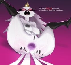 anthro anus ass avian big_anus big_breasts bird black_nipples breasts crown feather_hair feathers female genitals headgear helluva_boss hi_res looking_at_viewer mature_female mdthetest nipples nude nude_female owl owl_demon pink_eyes plump_labia presenting presenting_anus presenting_hindquarters pseudo_hair purple_anus pussy solo stella_(helluva_boss) tail tail_feathers tiara white_body white_feathers