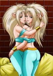 2girls android annapuma bed blonde_hair breasts cat_girl cleavage curvaceous dominion_tank_police duo female harem_girl harem_outfit harem_pants indoors large_breasts light-skinned_female light_skin long_hair looking_at_viewer multiple_girls palcomix pants sisters twins unipuma wide_hips