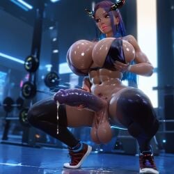 1futa 3d ai_generated big_balls big_breasts big_lips big_penis black_sclera breasts busty curvy demon futanari gym horns intersex masturbation navel precum quantrup solo solo_futa