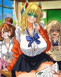 3girls alternate_hairstyle animal_ears bespectacled black_skirt blonde_hair blue_bowtie blue_eyes blush blush_sticker boku_no_hero_academia bra_peek brown_hair classroom cleavage front-tie_top glasses green-skinned_female green_skin grin gyaru hair_bun half_updo himiko_toga huge_breasts ippan_josei light_brown_hair looking_at_viewer loose_bowtie male_pov medium_breasts monster_girl multiple_girls my_hero_academia naughty_face nerd nerdy_female off-shoulder_sweater partially_unbuttoned pink_nails pov school_uniform single_hair_bun skirt sweater_around_waist test_score_(paper) thick_thighs thighs twin_braids uraraka_ochako vlizz yellow_eyes