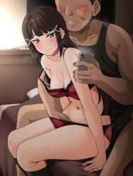 1girls blush bra bra_strap fingering green_eyes holding_phone kurosawa_dia long_hair love_live!_sunshine!! naked panties phone sitting sitting_on_bed ugly_bastard yopparai_oni