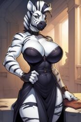 ai_generated anthro big_breasts black_dress bracelet breasts cleavage clothed clothed_female clothing collar dress facial_markings fingerless_gloves fit_female furry furry_female hand_on_hip high_slit_dress indoors looking_at_viewer low_cut_dress mohawk_(hairstyle) side_eye standing striped_body striped_markings stripes zebra zebra_girl