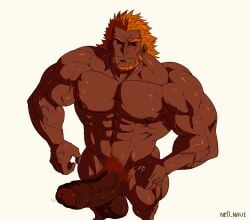 1boy abs balls bara beard black_sclera colored_sclera completely_nude dark-skinned_male dark_skin facial_hair fire_emblem fire_emblem_heroes foreskin highres huge_cock large_pectorals male male_focus male_pubic_hair navel ne0_navi nipples nude orange_hair pectorals penis pubic_hair red_eyes scar scar_across_eye scar_on_face simple_background solo surtr_(fire_emblem) testicles uncircumcised veins veiny_arms veiny_penis white_background