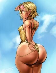 1girls alternate_ass_size alternate_hair_color ass barbell_piercing belly_chain big_ass blonde_hair bottom_heavy bracelet bubble_butt cloud competition_swimsuit dat_ass ear_piercing fat_ass female female_only flat_chest from_behind gluteal_fold gold_swimsuit green_eyes huge_ass k-on! keigi_(artist) large_ass looking_at_viewer looking_back massive_ass nipple_bulge one-piece_swimsuit painted_nails ritsu_tainaka_(k-on!) sky small_breasts solo sunglasses sunglasses_on_head swimsuit thick_ass thick_thighs wide_hips