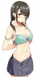 1girls armpits arms_behind_back bare_shoulders black_hair blue_bow blunt_bangs blush bow bow_bra bra breasts brown_eyes cleavage closed_mouth collarbone commentary_request copyright_request cowboy_shot dressing eyebrows green_bra hair_ribbon lips looking_at_viewer low_twintails medium_breasts midriff navel off_shoulder open_clothes open_skirt pleated_skirt ribbon short_twintails sidelocks simple_background skirt solo standing stomach strap_slip sukebewe tareme twintails underwear undressing unzipped wavy_mouth white_background
