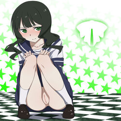 annosada black_hair black_rock_shooter blush checkered checkered_floor female female green_eyes hands_on_knees long_hair no_panties pussy school_uniform serafuku shoes skirt smile socks solo squatting star takanashi_yomi uncensored upskirt