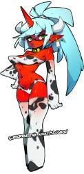 blue_hair cow_print cowprint_bikini cowprint_lingerie demon demon_girl demon_horns demon_tail kneesocks_daemon panty_&_stocking_with_garterbelt red_skin slugbox tagme yellow_eyes