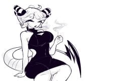 1girls 2024 black_sclera breasts cigarette cleavage cleavage_cutout clothed clothed_female clothing dress female female_only horns medium_breasts open_mouth roblox roblox_avatar robloxian short_hair sitting sketch skin_tight smoking solo tail thighs