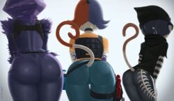 2d 3girls anthro ass ass ass_focus back_view bear big_ass big_butt butt_focus calico_cat cat_ears cat_humanoid cat_tail cate_meowdy_(fortnite) clothed clothed_female collar ear_piercing epic_games facing_away felid feline feline female female_only fortnite fortnite:_battle_royale fully_clothed fur furry furry_female furry_only greystwitpage_(artist) hat hood jeans meow_skulls_(fortnite) multiple_girls piercing presenting_hindquarters raven_team_leader shoulder_tuft standing tagme tail tattoo tattooed_arm tattoos white_background yellow_eyes