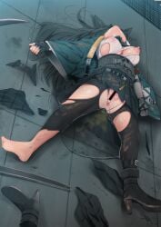 after_masturbation animal_ears ankle_boots anus bar_censor black_boots black_gloves black_hair black_pantyhose black_skirt boots breasts censored defeated_heroine female fingerless_gloves fox_ears fox_girl fumihiko_(fu_mihi_ko) gauntlets gloves green_jacket high-waist_skirt high_heels highres hoshimi_miyabi incontinence jacket large_breasts long_hair lying nipples on_back on_floor open_clothes open_jacket pantyhose peeing peeing_self pleated_skirt pussy pussy_juice shirt single_boot skirt solo torn_clothes torn_pantyhose torn_shirt torn_skirt unworn_boots urine white_shirt zenless_zone_zero
