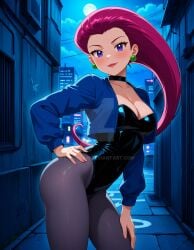 2025 4kids_entertainment ai_generated anime black_canary black_canary_(cosplay) city cosplay cosplayer dc dc_comics dc_super_hero_girls dcau deviantart elryusam evil_grin evil_smile green_earrings grinning_at_viewer hand_on_hip hand_on_leg jessie_(pokemon) looking_at_viewer meta nintendo not_porn pink_eyebrows pink_hair_female pokemon purple_eyes red_cheeks red_lipstick smile_at_viewer smiling_at_viewer team_rocket