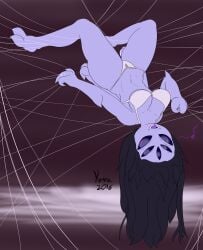 2016 5_eyes big_breasts bra fangs female kawma long_hair looking_at_viewer monster_girl muffet non-human_feet platinumkarma solo solo_female spider_girl spider_web thighs undertale undertale_(series) upside-down