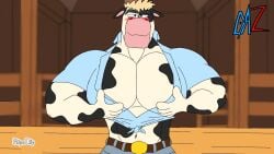 bara bara_furry bara_tiddies bara_tits bara_titties barn belt blonde_hair blush bovine cleavage furry furry_bara furry_pecs gioartz jeans joe_(gioartz) lactating lactating_nipples lactation male male_chest male_cleavage male_only milking milking_breasts nipple_play nipples open_shirt open_topwear pec_cleavage pec_milking pec_squeeze pecjob pecs pectorals spotted_body spotted_fur tagme video