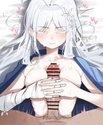 1boy bandaged_arm bandages bar_censor bed_sheet blue_archive blush breasts censored closed_eyes closed_mouth colored_eyelashes commentary erection eyelashes facing_viewer female hair_ornament haori heart interlocked_fingers japanese_clothes long_hair lying male male_pubic_hair medium_breasts nagusa_(blue_archive) on_back on_bed own_hands_together paizuri penis pov pov_crotch pubic_hair snowflake_hair_ornament solo_focus straddling_paizuri straight straight-on sweat symbol-only_commentary upper_body white_eyelashes white_hair yzr_(yzr99)