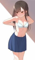1girls arms_behind_back bad_id bad_pixiv_id bare_arms bare_shoulders blue_skirt blunt_bangs bra breasts brown_hair cleavage closed_mouth collarbone commentary_request feet_out_of_frame female gradient_background grey_background highres idolmaster idolmaster_cinderella_girls lace-trimmed_bra lace_trim light_particles long_hair looking_away looking_to_the_side medium_breasts miniskirt mizumoto_yukari navel no_shirt oekaki_machine pleated_skirt raised_eyebrows sidelocks skirt solo standing stomach sweat twitter_username underwear undressing white_background white_bra yellow_eyes