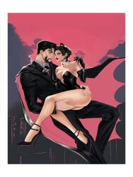 1boy 1girls 2d 2d_(artwork) 2d_artwork bare_legs batman batman_(series) black_clothing black_hair breasts bruce_wayne cat_ears catwoman cleavage couple couple_(romantic) dark_hair dc dc_comics feet female green_eyes heels high_heels holding_legs iamfadimee jewelry latex latex_clothing latex_gloves leather leather_clothing light-skinned_female light-skinned_male light_skin male official_art pale-skinned_female pale-skinned_male pale_skin red_lipstick romantic romantic_couple selina_kyle short_hair stiletto_heels straight thighs
