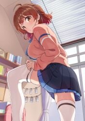 1girls adjusting_clothes adjusting_legwear ahoge black_overskirt blue_skirt blush breasts brown_cardigan brown_hair cardigan commentary commentary_request dressing female gakuen_idolmaster gradient_hair hanami_ume hatsuboshi_gakuen_school_uniform highres idolmaster indoors kamille_(vcx68) knee_up large_breasts long_sleeves looking_at_viewer multicolored_hair o3o orange_hair photo_(object) pleated_skirt puckered_lips school_uniform skirt solo thighhighs white_thighhighs window_blinds zettai_ryouiki