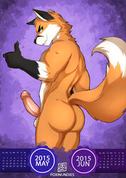 1boy anthro ass balls big_butt dat_ass erection fox fur fureffect furry looking_at_viewer male male_only nude penis pinup presenting_hindquarters smile solo standing thumbs_up