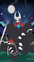 anthro bench big_penis blue_nipples blue_vulva breasts cape claws clothing feet female foot_focus genitals gesture glowing glowing_genitalia glowing_penis grass hand_gesture hi_res hollow_knight_(franchise) hornet_(hollow_knight) lamp looking_at_viewer nipples pavotyson penis plant pointing small_breasts solo team_cherry toe_claws vulva weapon