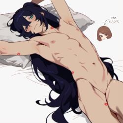 1boy bare_pectorals blush bob_cut brown_eyes brown_hair chibi chibi_inset cleft_of_venus cuntboy english_text female half_updo heterochromia highres hong_lu_(project_moon) intersex limbus_company lipstick_mark long_hair lying male moony_(past_desiderium) navel nipples nude oc_x_canon on_back on_bed past_desiderium pectorals pillow project_moon pussy sidelocks smile thighs toned toned_male