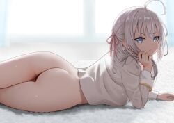 ahoge alisa_mikhailovna_kujou ass blazer blue_eyes bottomless closed_mouth dimples_of_venus elbow_rest female gibun_(sozoshu) grey_hair grey_jacket hair_ribbon head_rest highres holding holding_own_hair indoors jacket long_hair looking_at_viewer lying pout pussy red_ribbon revision ribbon school_uniform seiren_academy_school_uniform solo tokidoki_bosotto_roshia-go_de_dereru_tonari_no_alya-san