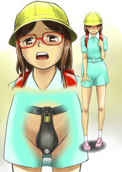 1girls bondage brown_eyes brown_hair chastity chastity_belt chastity_device clothed_masturbation clothing dildo dildo_harness dildo_panties female female_chastity female_only glasses highres masturbation miminari multiple_views pussy_juice x-ray