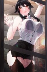 against_glass bangs black_hair black_legwear black_skirt blush breasts brown_eyes choker collared_shirt dress_shirt female garter_straps indoors large_breasts long_hair looking_at_viewer miniskirt mole pencil_skirt shirt skirt sleeveless sleeveless_shirt solo thighhighs underwear white_shirt