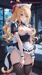 1girls 2025 ai_generated animal_ear_fluff animal_ears apron bangs bell black_dress black_thighhighs blonde_hair blue_eyes blush bow breasts breasts_out cat_ears cat_girl cat_tail clothing dress female female_only frills groin hi_res highres indoors jingle_bell long_hair looking_at_viewer maid maid_headdress maple_(sayori) natsuyoru nekopara night nipples no_panties patreon pussy red_bow short_sleeves solo tail tail_ornament thighhighs voluptuous voluptuous_female wrist_cuffs