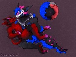 3_eyes anthro anthro_on_anthro black_body black_fur blue_body blue_fur bone bone_mask bovid_horn breath caprine_horn celum_(character) claws close-up cuntboy curling_toes dragon duo feet fur gay genitals goat_horn happy happy_sex hi_res horn intersex intersex/male male male/male mask mrpanovvy multi_eye multicolored_body multicolored_fur mythological_creature mythological_scalie mythology notched_ear penis psyker_(character) purple_eyes red_body red_fur reptile romantic romantic_couple scalie sex skull skull_mask skulldog_(species) spikes teeth trans_(lore) vulpeh yaoi
