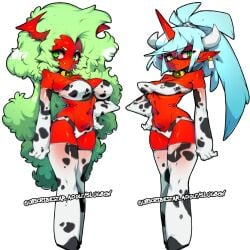 2demons blue_hair cow_print cowprint_bikini cowprint_lingerie demon demon_girl demon_girls demon_horns demon_tail demons green_hair kneesocks_daemon panty_&_stocking_with_garterbelt red_skin scanty_daemon siblings sisters slugbox tagme yellow_eyes